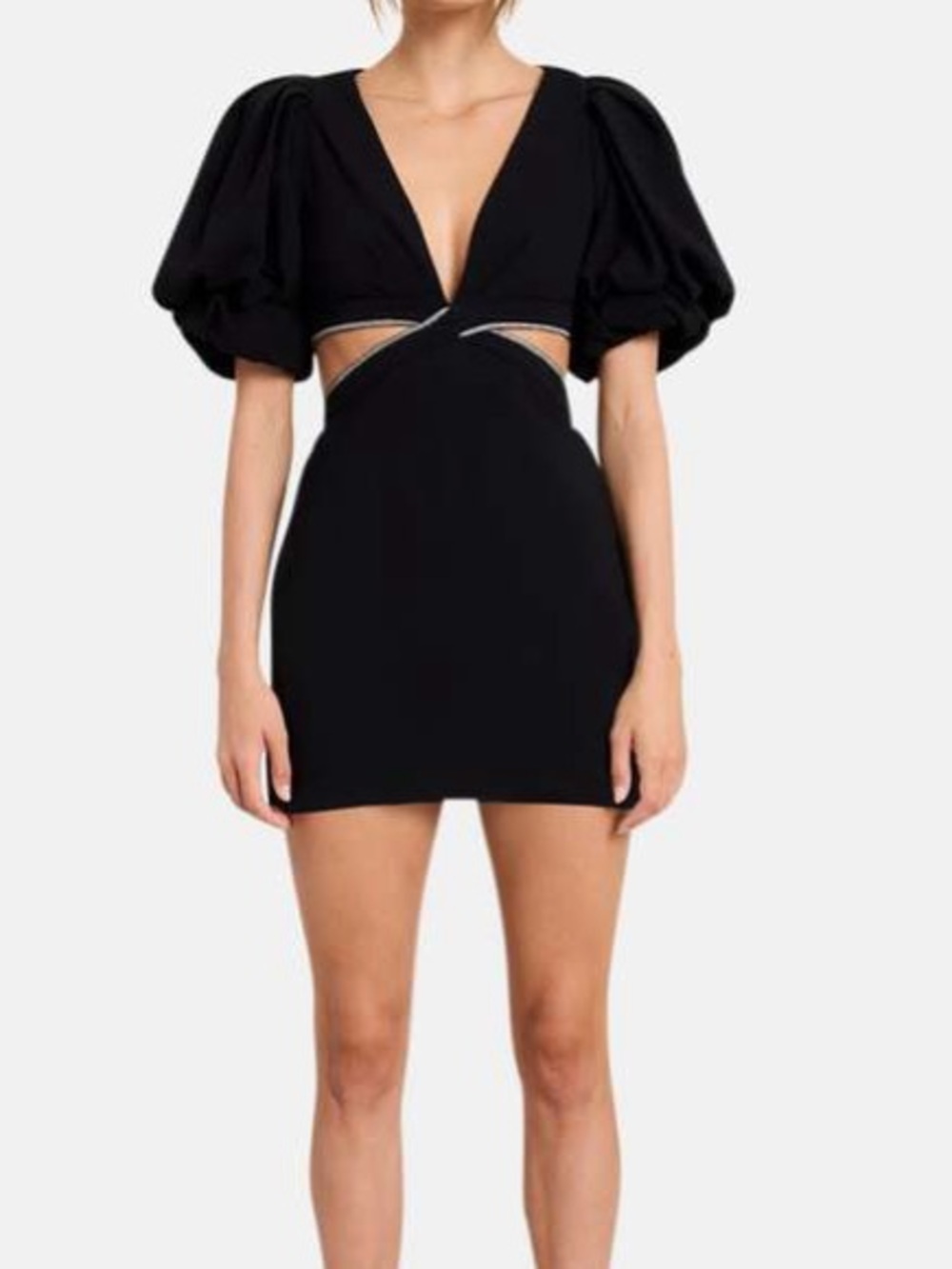 A.L.C. Hazel Black and Silver Puff Sleeve Cutout Mini Dress